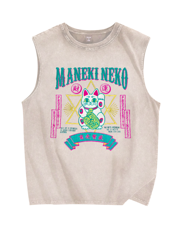Maneki Neko Lucky Cat Vintage Distressed Washed Tank Top