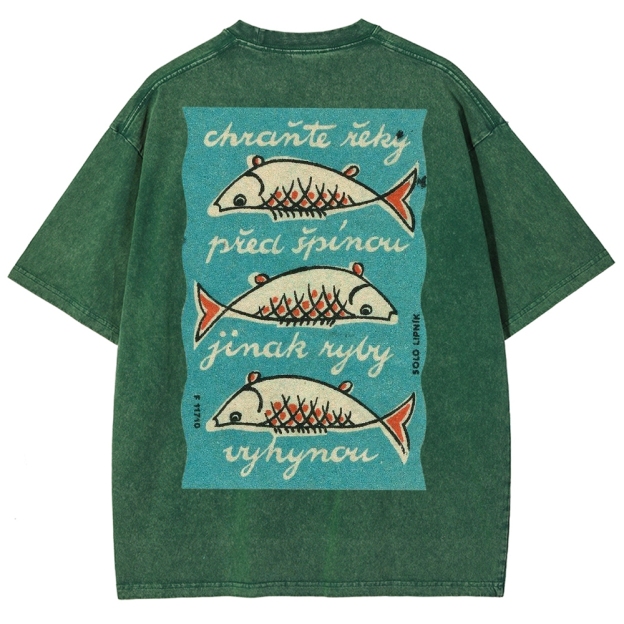 Fishes Pattern Printed Washed Vintage Short Sleeves T-Shirt