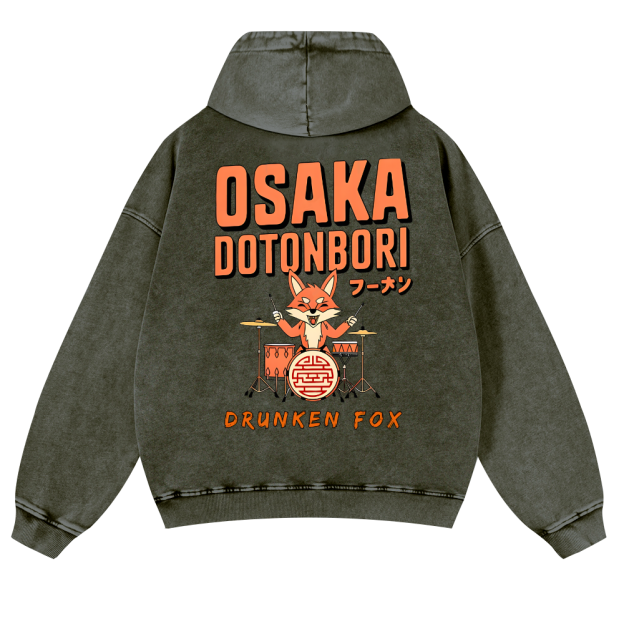 Osaka Dotonbori Drunken Fox Vintage Washed Cotton Back Art Hoodie