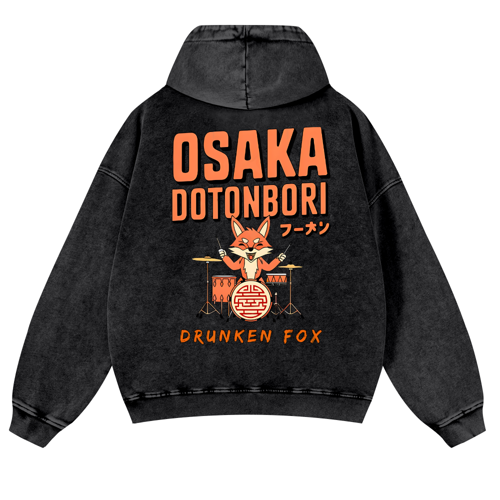 Osaka Dotonbori Drunken Fox Vintage Washed Cotton Back Art Hoodie