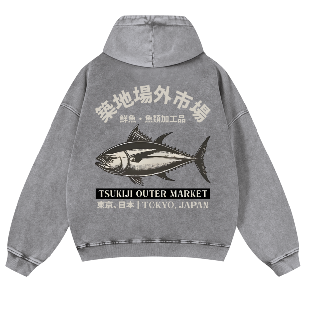 Tsukiji Market Tuna Fish Vintage Washed Cotton Back Art Hoodie