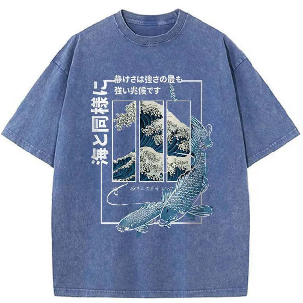 Ukiyoe Waves And Fish Washed T-Shirt