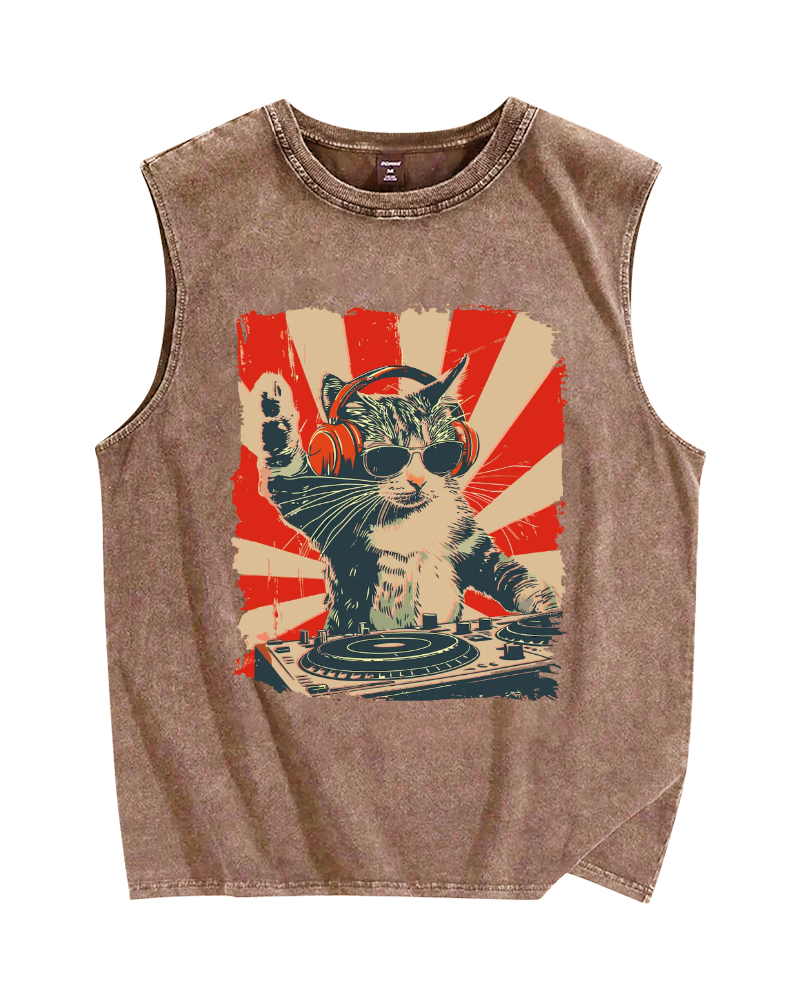Cool Cat DJ Poster Showa Retro Vintage Distressed Washed Tank Top