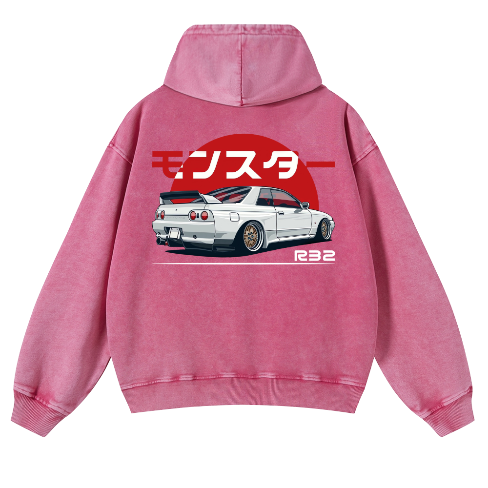 Nisaan Car R32 Vintage Washed Cotton Back Art Hoodie