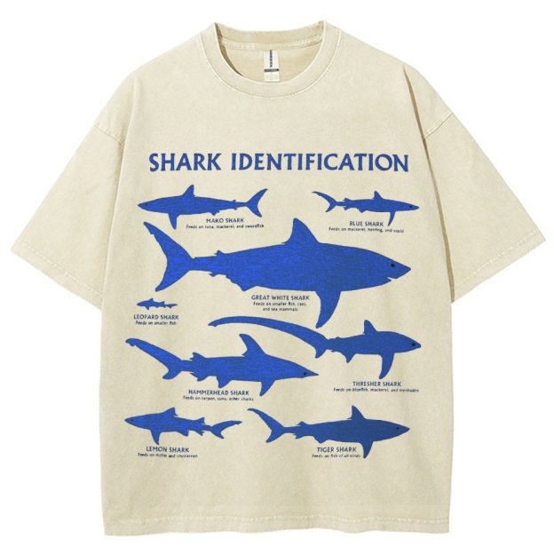 Unisex Washed Shark Identification Print T-shirt