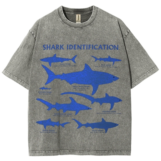 Unisex Washed Shark Identification Print T-shirt