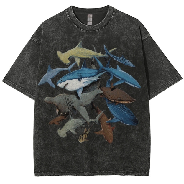 Unisex Washed Shark Identification Print T-shirt