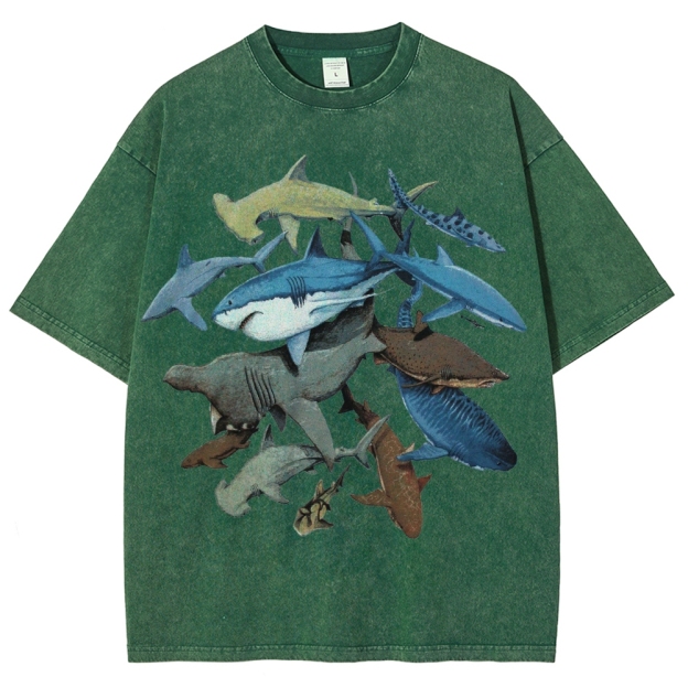 Unisex Washed Shark Identification Print T-shirt