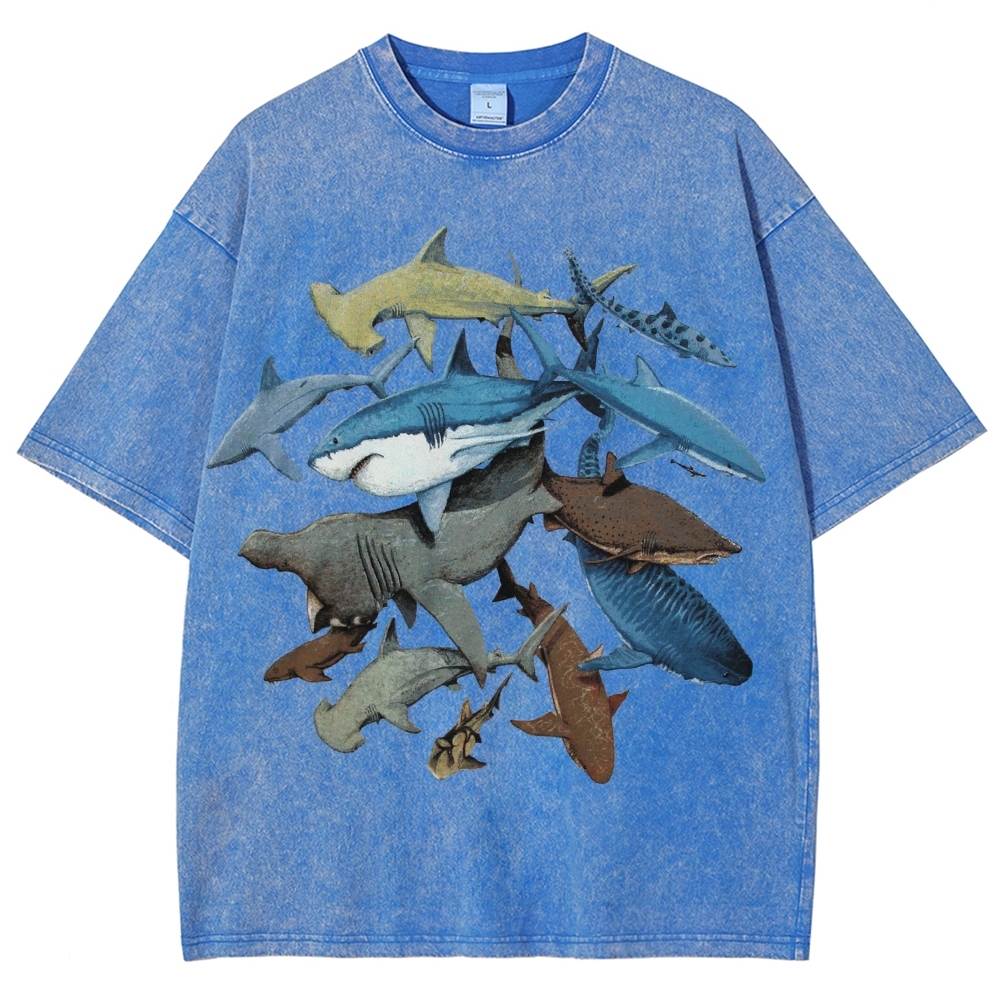 Unisex Washed Shark Identification Print T-shirt