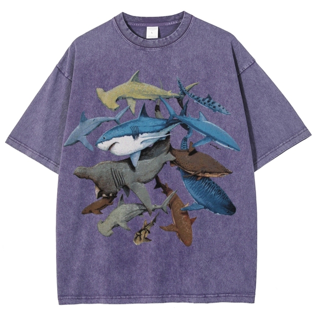 Unisex Washed Shark Identification Print T-shirt