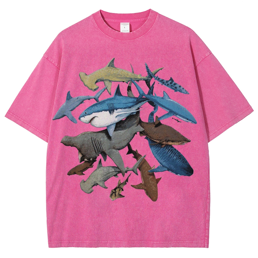 Unisex Washed Shark Identification Print T-shirt