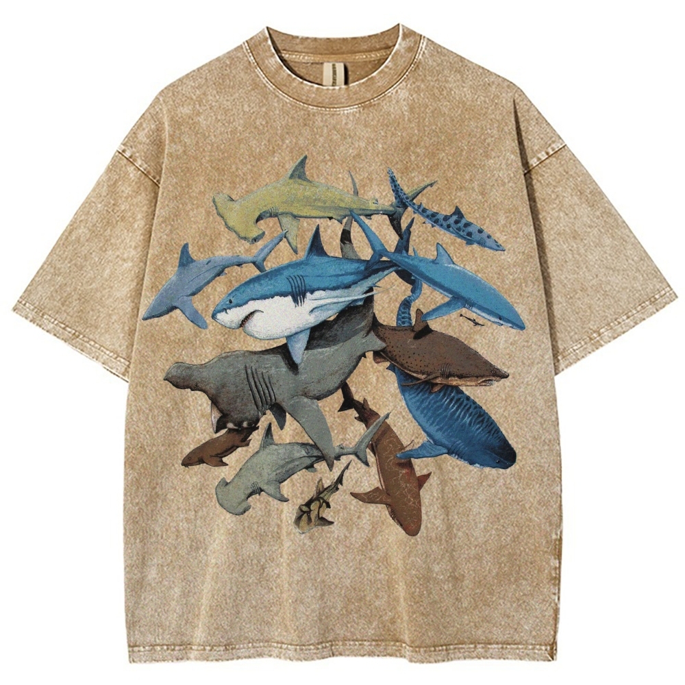 Unisex Washed Shark Identification Print T-shirt