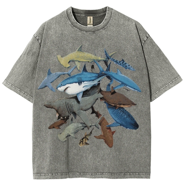 Unisex Washed Shark Identification Print T-shirt