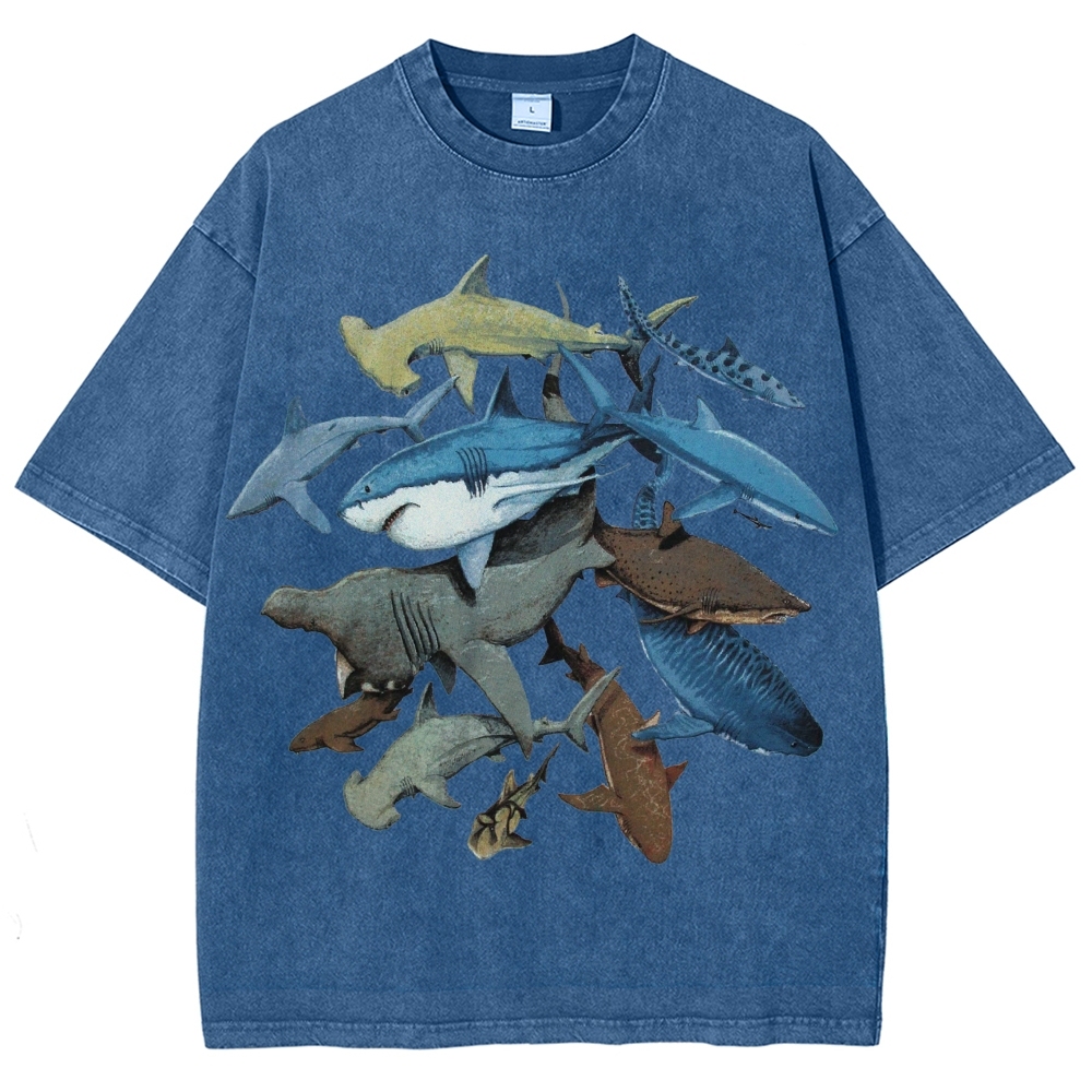 Unisex Washed Shark Identification Print T-shirt