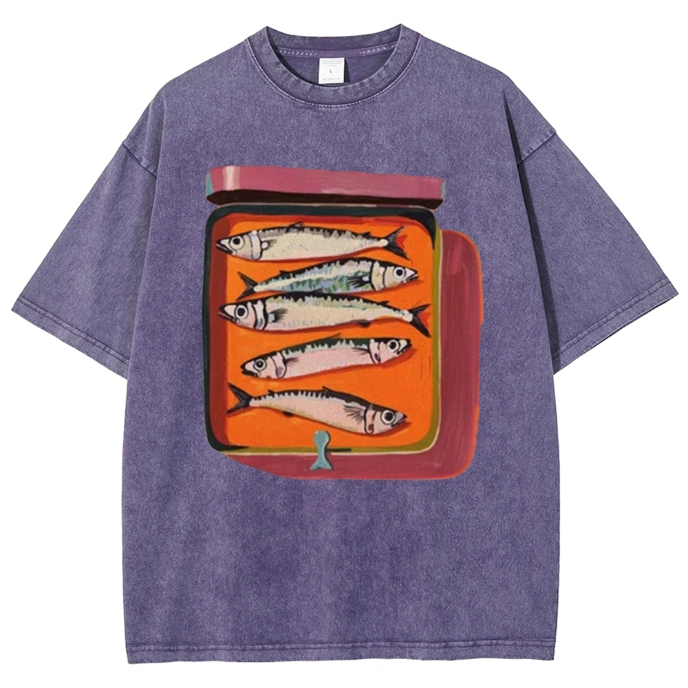 Unisex Canned Sardines Printed Casual Washed T-shirt