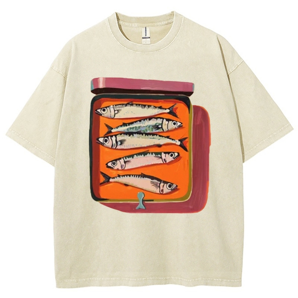 Unisex Canned Sardines Printed Casual Washed T-shirt