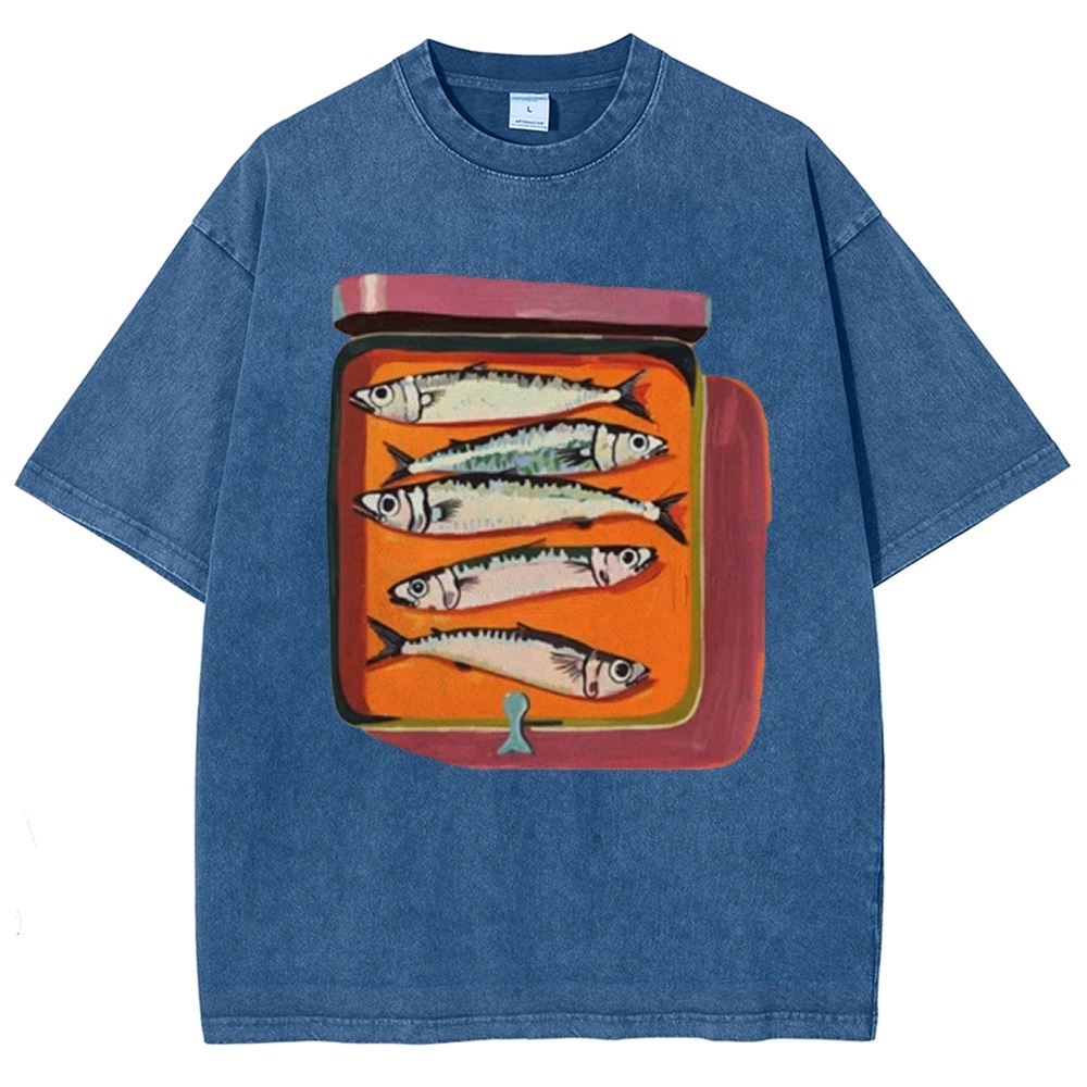 Unisex Canned Sardines Printed Casual Washed T-shirt