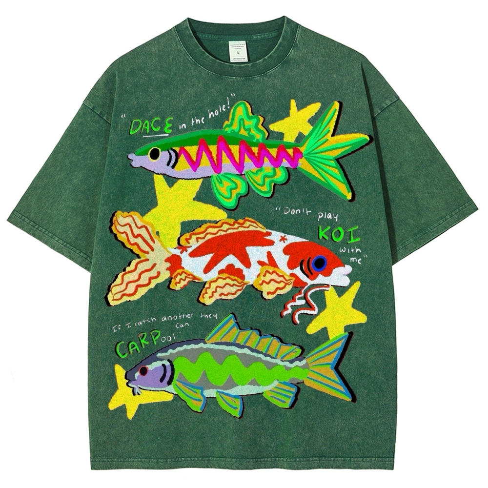Unisex Colorful Cartoon Fish Washed Tee