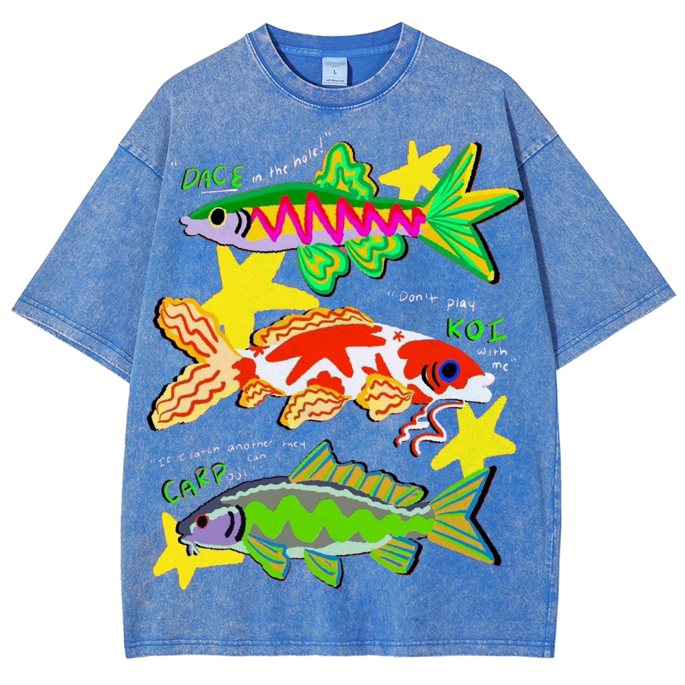 Unisex Colorful Cartoon Fish Washed Tee