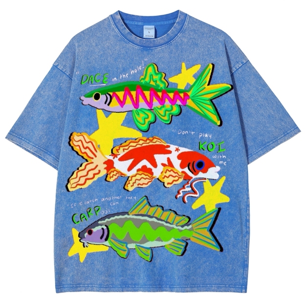 Unisex Colorful Cartoon Fish Washed Tee