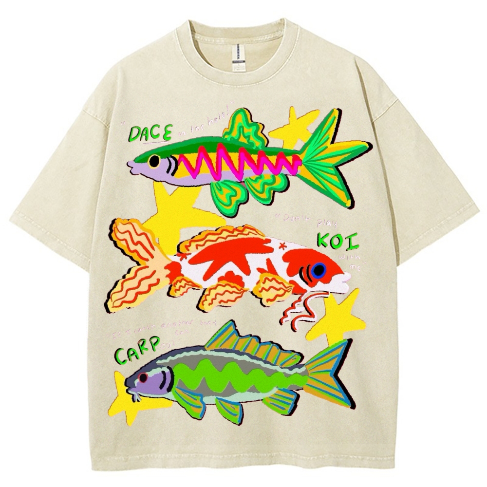 Unisex Colorful Cartoon Fish Washed Tee