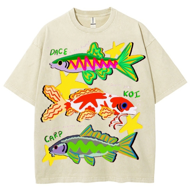 Unisex Colorful Cartoon Fish Washed Tee