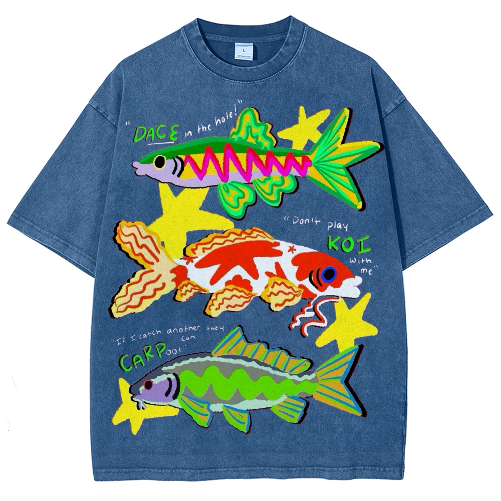 Unisex Colorful Cartoon Fish Washed Tee