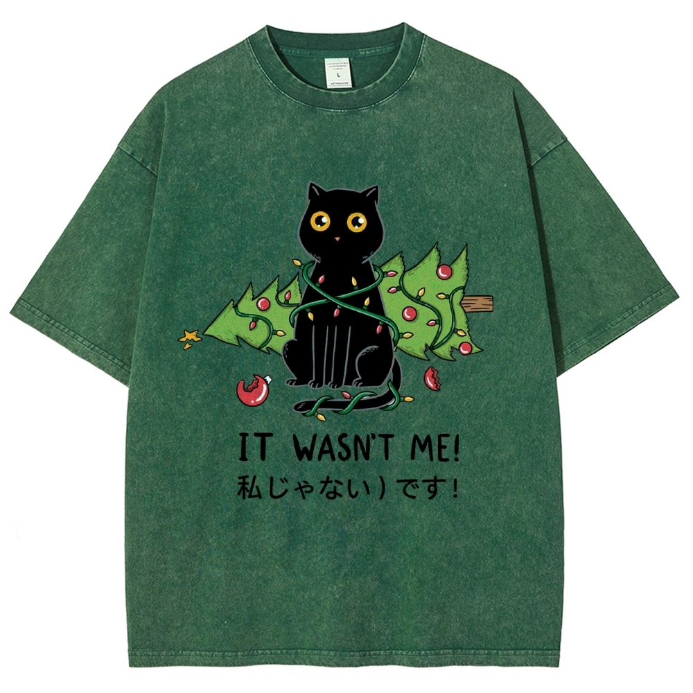 Unisex Christmas Cat Printed Washed Tee
