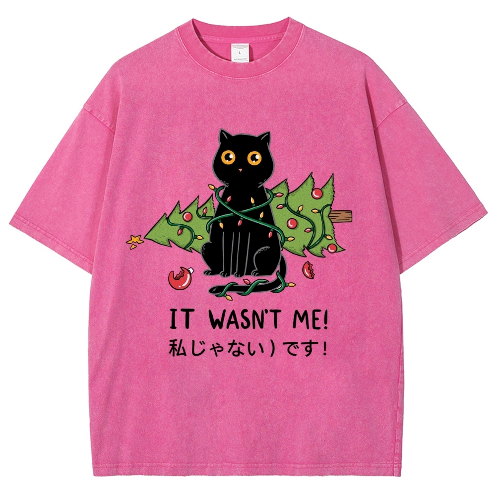 Unisex Christmas Cat Printed Washed Tee