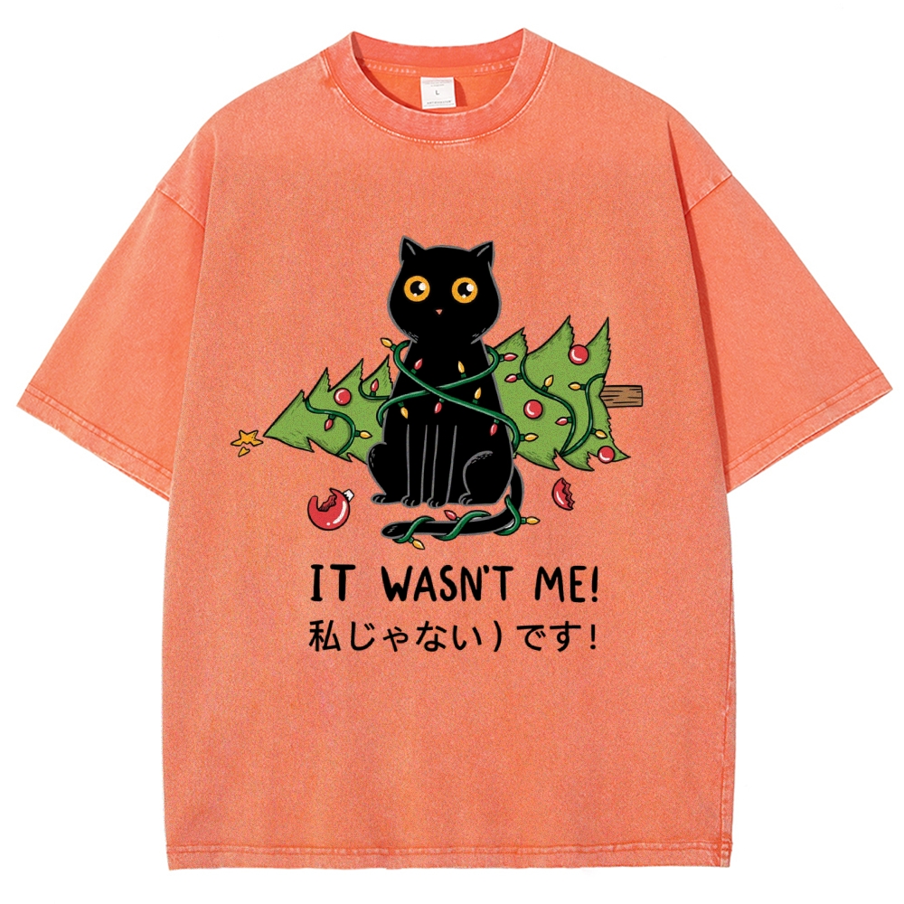 Unisex Christmas Cat Printed Washed Tee