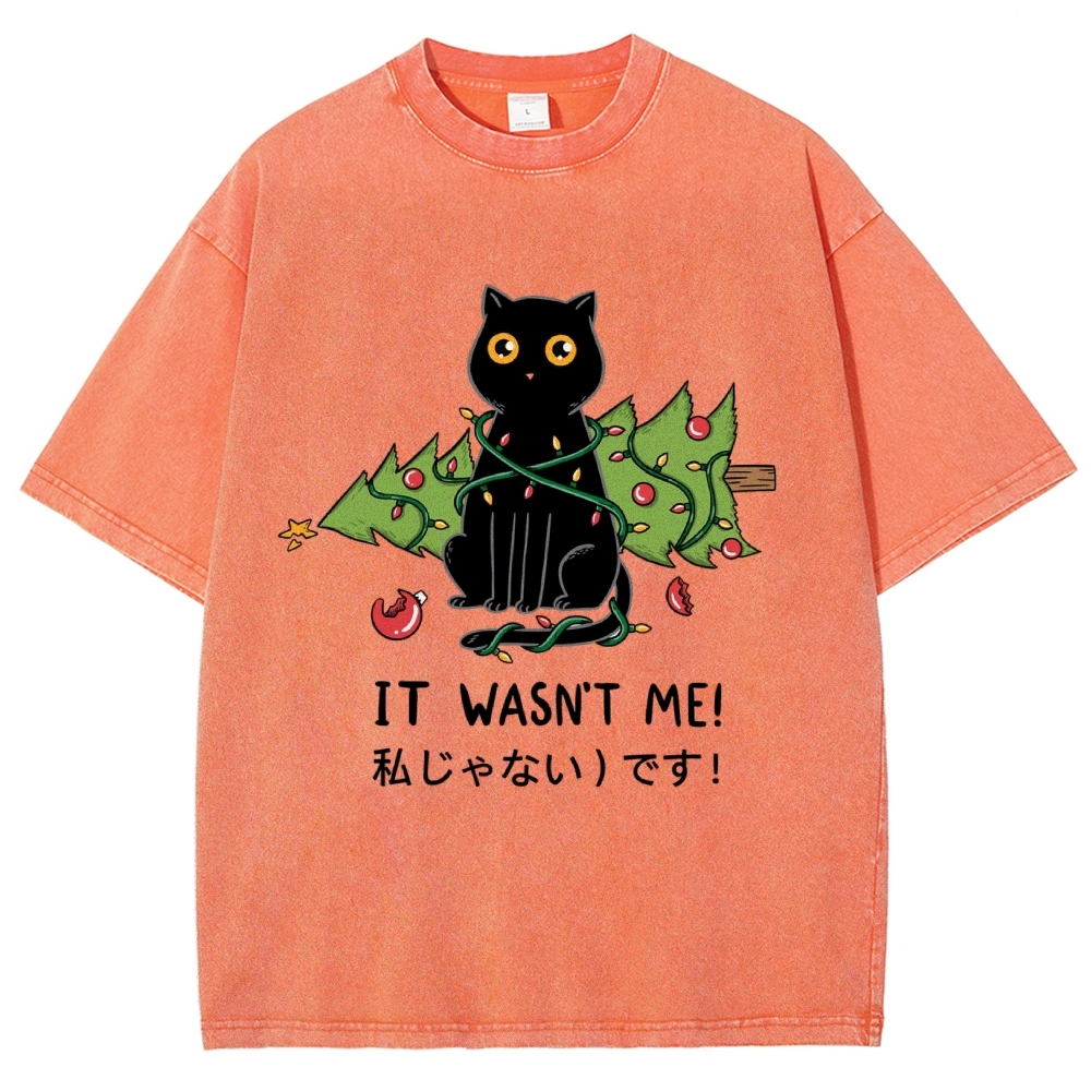 Unisex Christmas Cat Printed Washed Tee