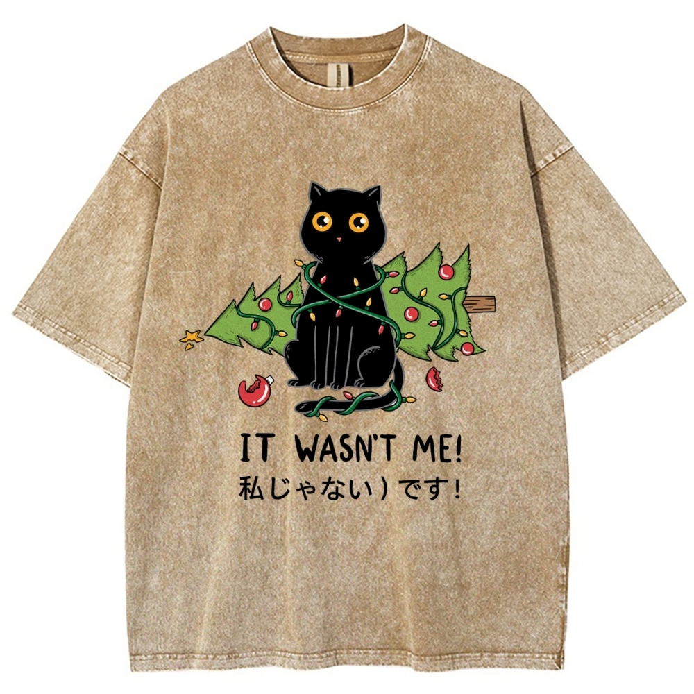 Unisex Christmas Cat Printed Washed Tee