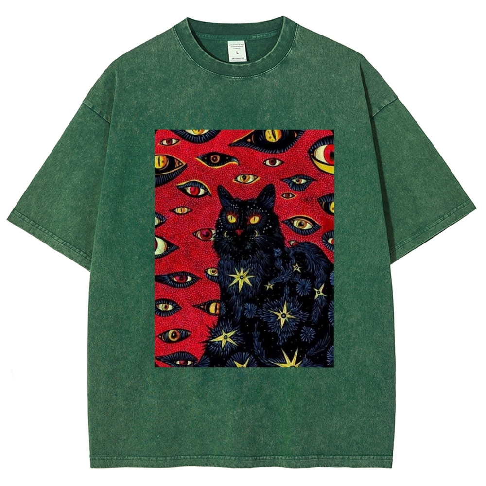 Unisex Abstract Eyes Cat Printed Washed Tee