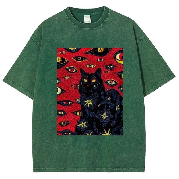 Unisex Abstract Eyes Cat Printed Washed Tee