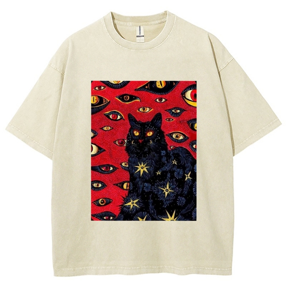 Unisex Abstract Eyes Cat Printed Washed Tee