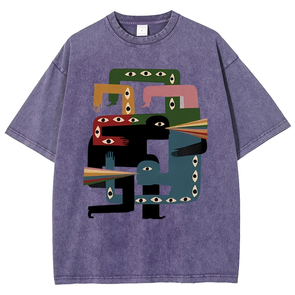 Unisex Abstract Body Eyes Art Printed Washed Tee