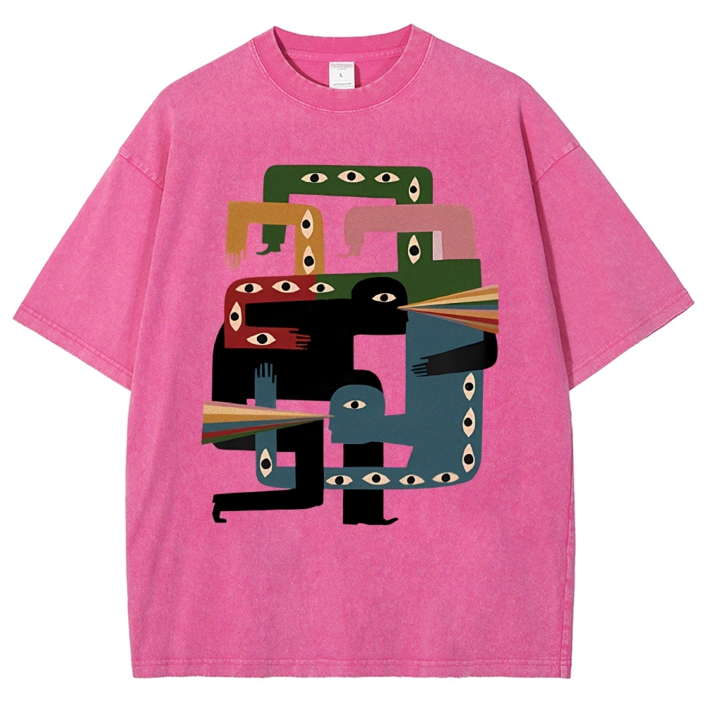 Unisex Abstract Body Eyes Art Printed Washed Tee