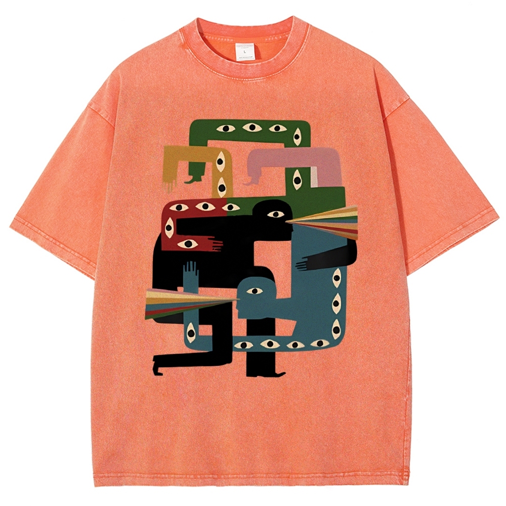 Unisex Abstract Body Eyes Art Printed Washed Tee