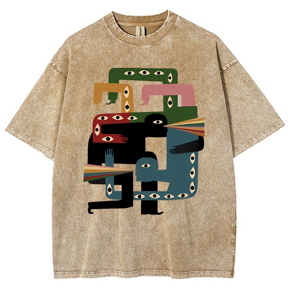 Unisex Abstract Body Eyes Art Printed Washed Tee