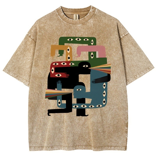 Unisex Abstract Body Eyes Art Printed Washed Tee