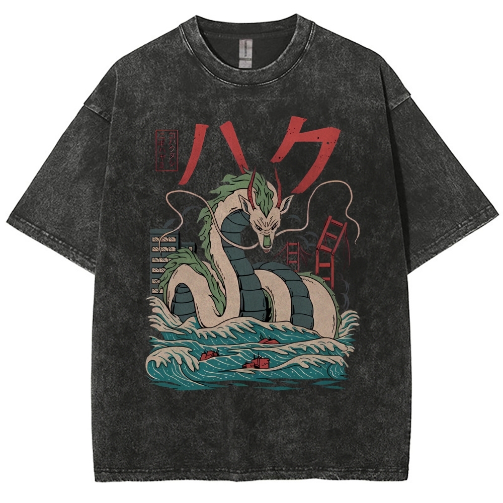 Unisex Dragon Printed Washed Tee