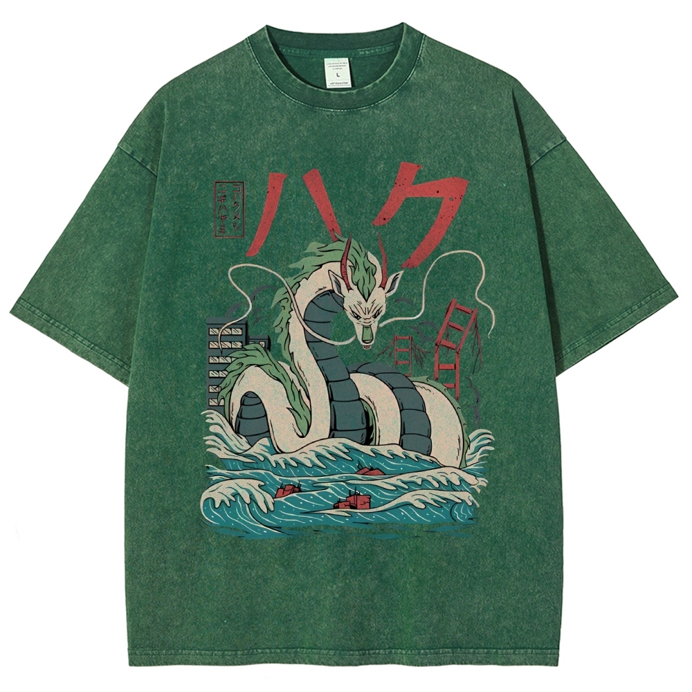 Unisex Dragon Printed Washed Tee