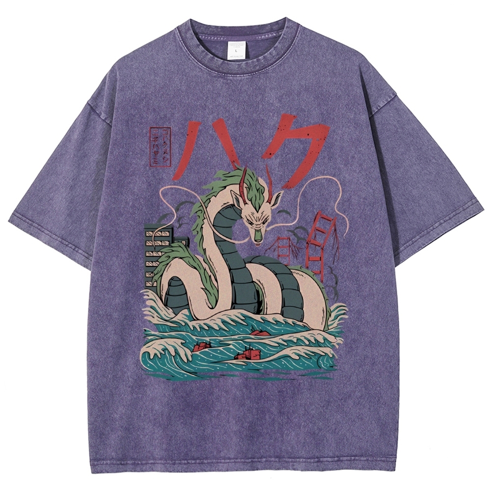 Unisex Dragon Printed Washed Tee