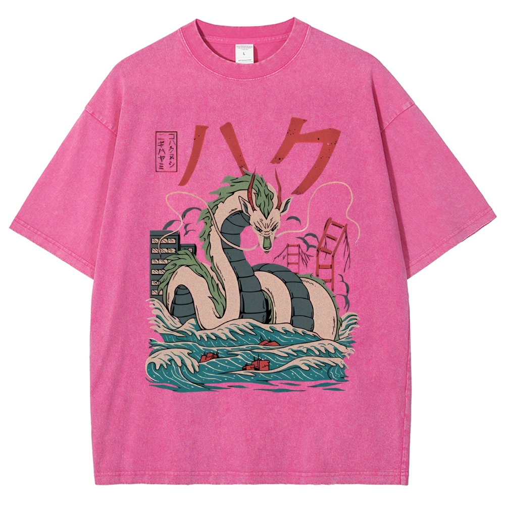 Unisex Dragon Printed Washed Tee