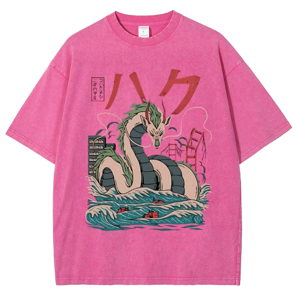 Unisex Dragon Printed Washed Tee