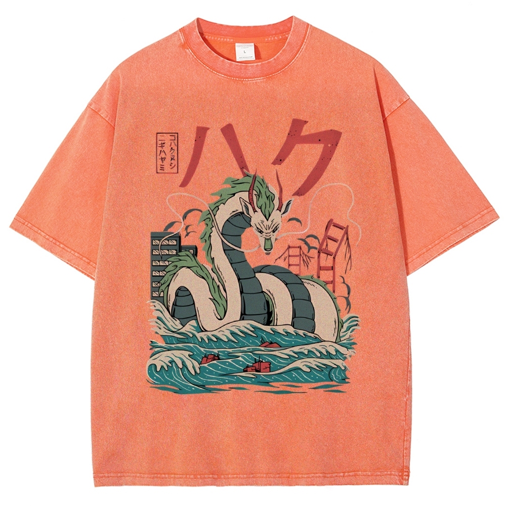 Unisex Dragon Printed Washed Tee