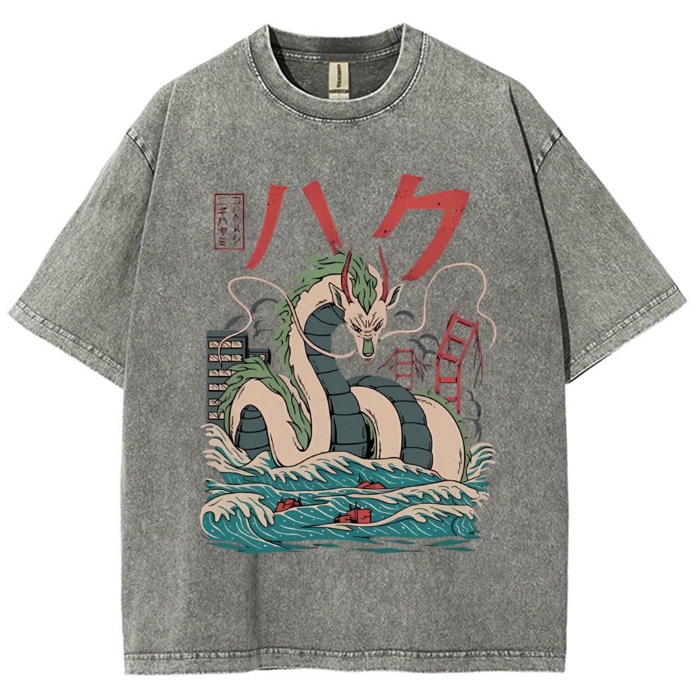 Unisex Dragon Printed Washed Tee