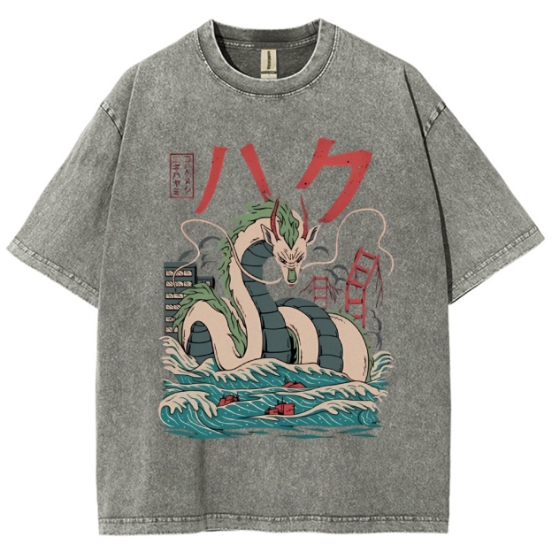Unisex Dragon Printed Washed Tee