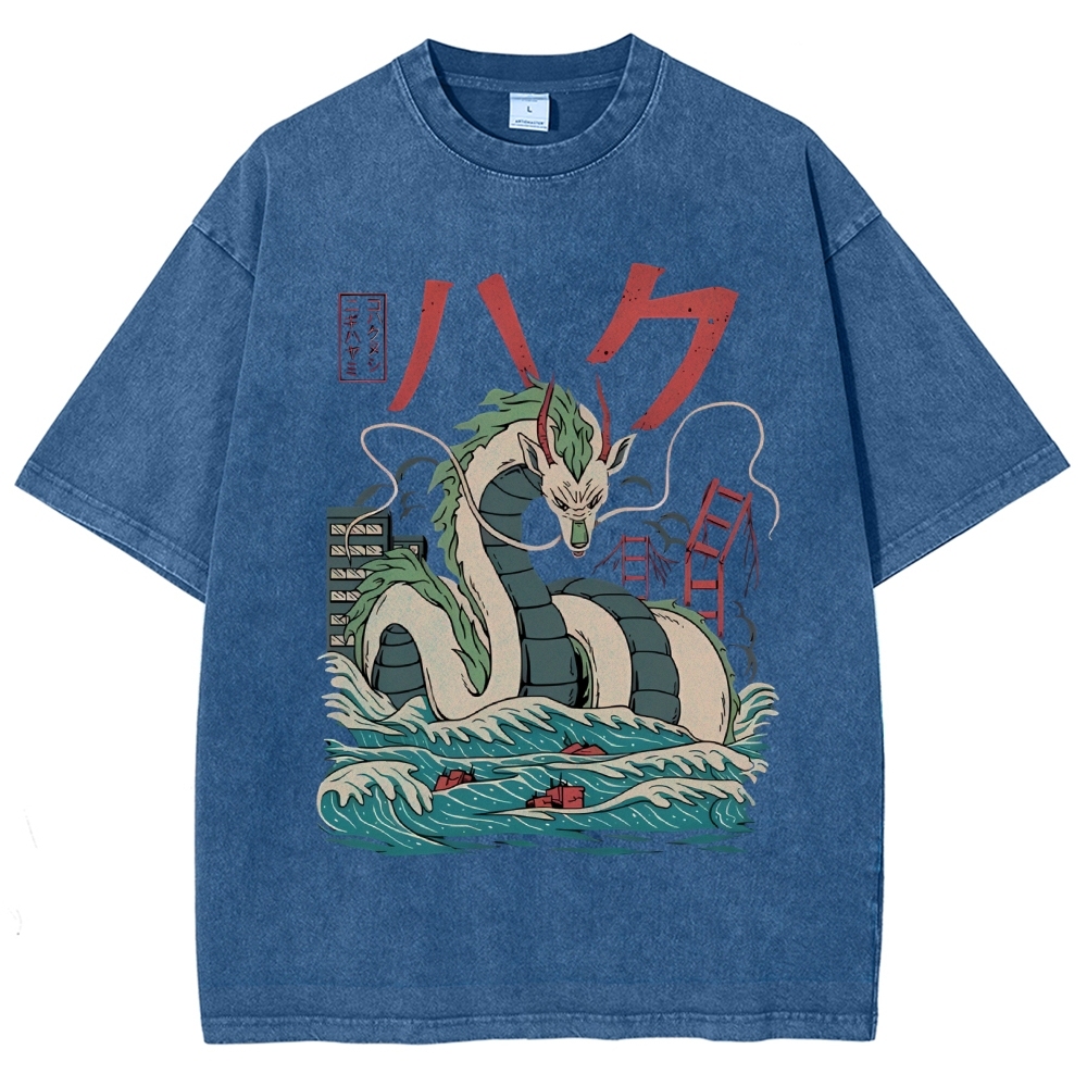 Unisex Dragon Printed Washed Tee