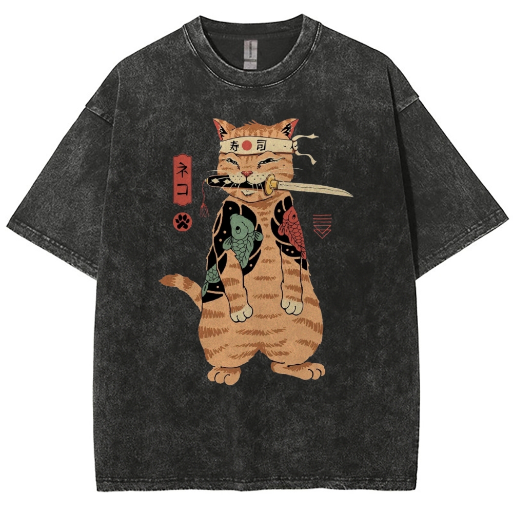 Unisex Sushi Cat Printed Washed Tee